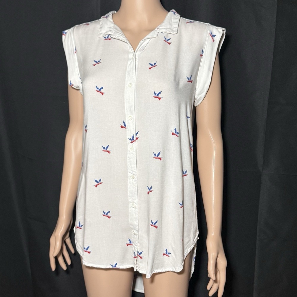 Alexander Jordan White Bird Print Blouse Sleeveless Button Front High Low Hem M